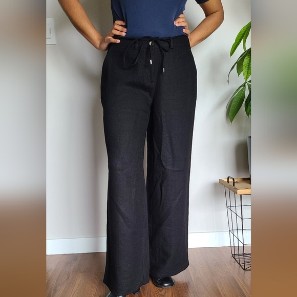 Sz 6 Calvin Klein mid rise wide leg trouser pants black string  belted pockets - Picture 1 of 6